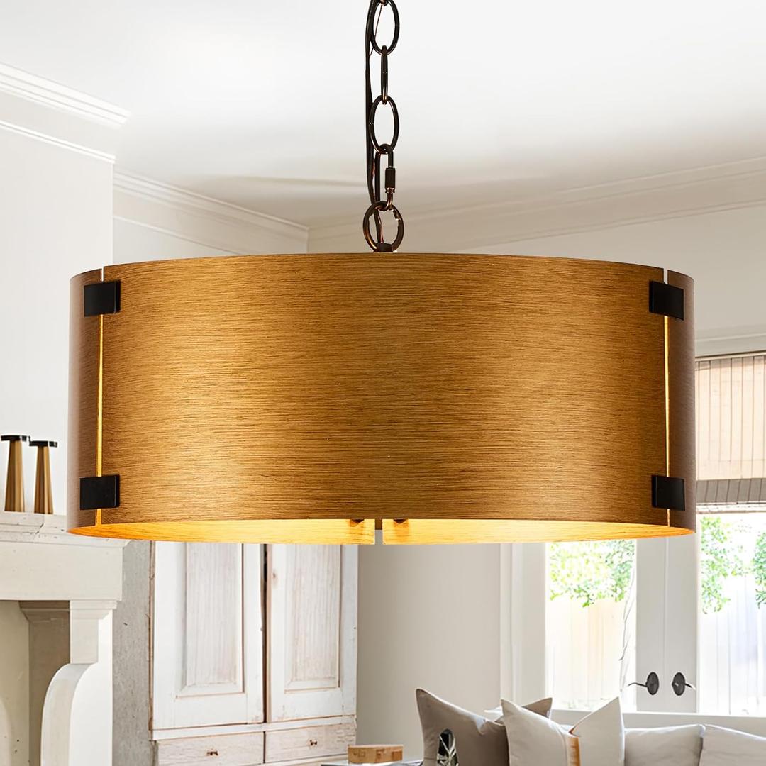 16" Drum Chandelier for Dining Room, E26 Modern Farmhouse Chandelier, 3-Light Golden Bronze Finish Vintage Chandelier Light Fixtures for Kitchen Foyer Entryway Bedroom