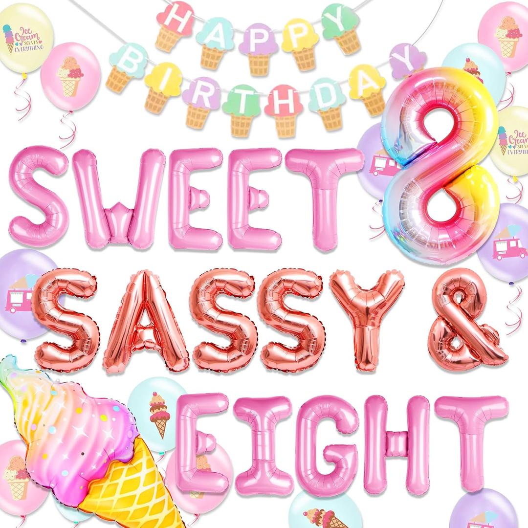 8th Birthday Decorations Sweet Sassy and Eight Birthday Decorations for 8 Year Old Girl Ice Cream Theme Party Supplies with Backdrop Balloons Sweets Donuts Theme