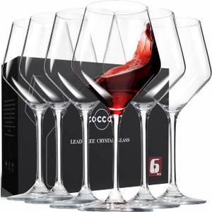  Glasses Set of 6,Lead-Free Premium Crystal Clear Glass,Hand Blown Italian Style Burgundy Long Stem Glasses,Great Gift Packaging(16oz,6pack)