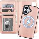 Bocasal for iPhone 17 Wallet Case Compatible with MagSafe Wireless Charging, RFID Blocking Magnetic Leather Case with Card Slots Holder Kickstand Detachable Wrist Strap 6.3 Inch (Rose Gold)