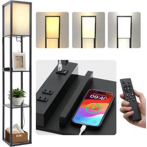 Dimmable Floor Lamp with Remote, Column Standing Lamp with 3 Level Brightness, Shelf Floor Lamp with 2 USB Ports, 2 Power Outlets and Remote