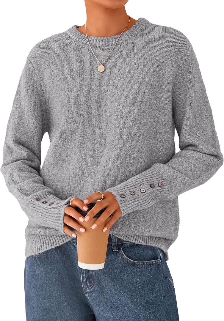PRETTYGARDEN Fall Sweaters for Women 2026 Cozy Casual Crewneck Pullover Button Long Sleeve Knit Tops Winter Fashion Clothing (Small, Grey)