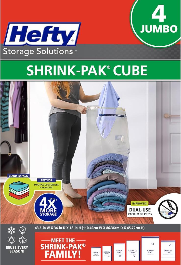 Hefty Shrink-Pak Vacuum Storage Bags For Clothes, Pillows, Towels, Blankets & More Space Saver Vacuum Suction Sealer Bags for Home or Travel 4 Jumbo Cubes, 43.5 x 34 x 18 Inches