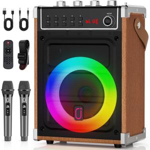 JYX Karaoke Machine with 2 UHF Wireless Microphones, Bluetooth Speaker with Bass/Treble Adjustment and LED Light, PA System Support TWS, AUX in, FM, REC, Supply for Party/Adults/Kids - Wood Grain (40 Watt-Wood)