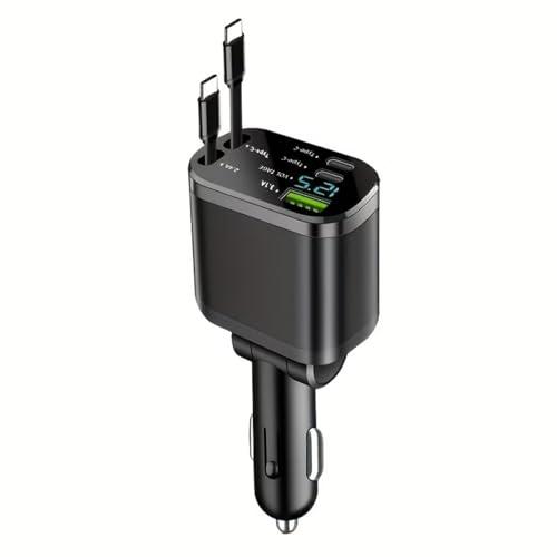 120W Fast Retractable Car Charger with 2 USB Type-C Cables - Universal Plug, Battery-Free, Car Charging Solution | Compact Charger | Retractable Cable, Fast Charging for Vehicles