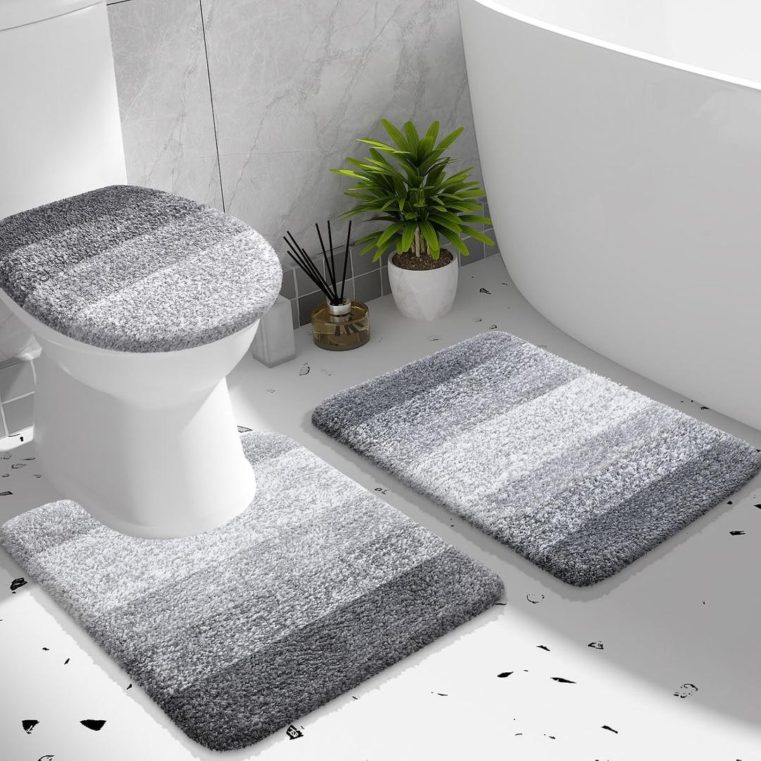 OLANLY Bathroom Rugs Sets 3 piece, Soft Microfiber Absorbent Bath Mat, U-Shaped Contour Toilet Mat and Toilet Lid Cover, Quick Dry, Machine Washable, Toilet Cover and Rug Set for Bathroom, Grey