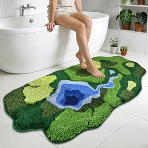 Yinhua Moss Bathroom Rugs, Ultra Thick Green Bath Mat Non Slip Washable Long Bathroom Runner Rug, Nature Absorbent Bath Mats Quick Dry Shaggy Shower Rugs for Bedroom Kids Home Decor, 21"x45"