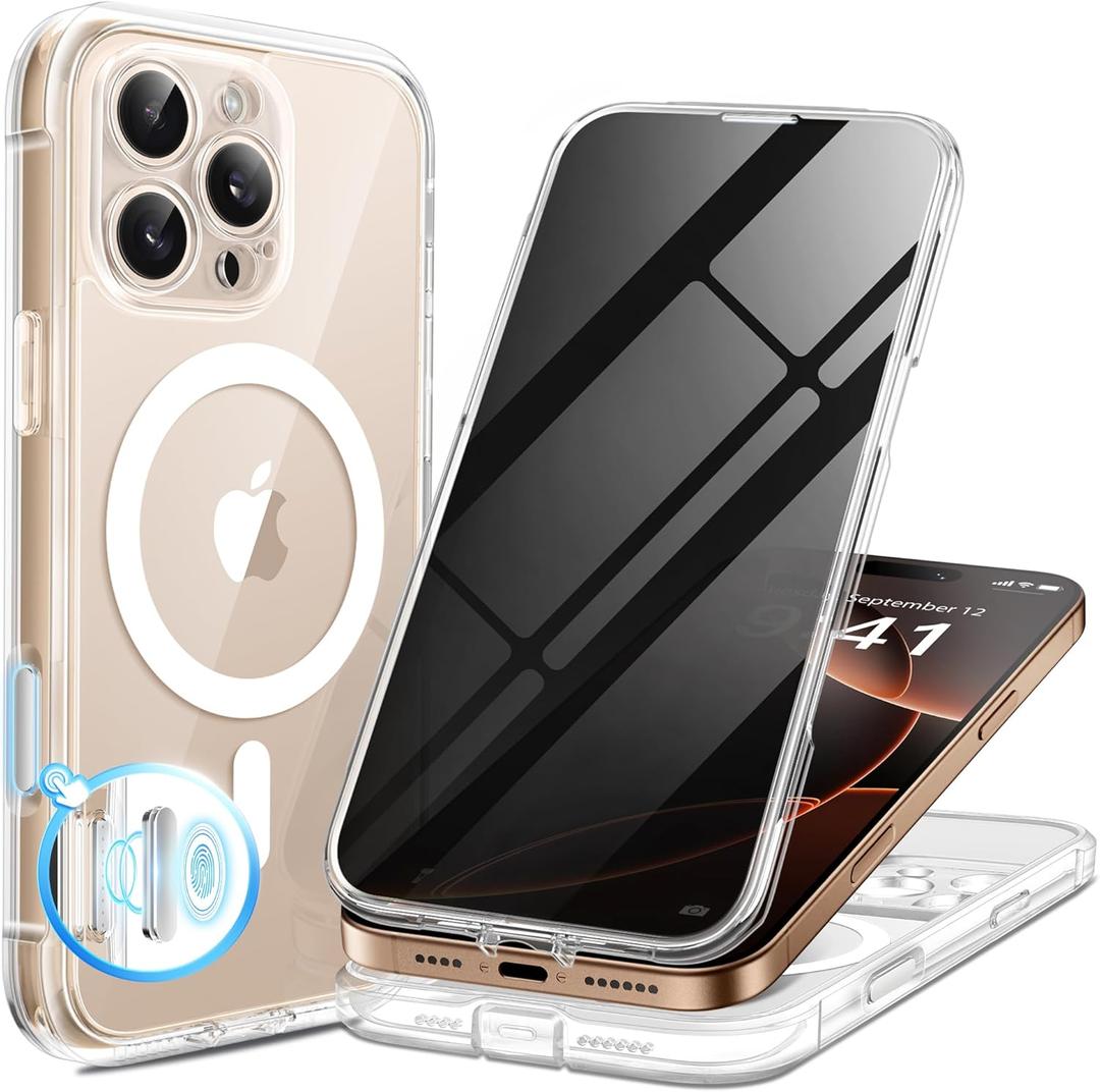 BERFY for iPhone 16 Pro Max Case, Compatible with MagSafe, Built-in Privacy Screen Protector, Camera Protection, Shockproof Full Body Phone Case 6.9", Clear