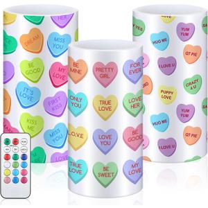 3 Pcs Valentine's Day LED Flameless Pillar Candles with Remote 3x6 Inch Conversation Heart Romantic Candy Candle Flickering Color Changing Battery Operated for Valentine's Party Room Decor Gifts