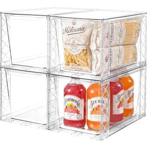 Clemate 4Pack Stackable Kitchen Storage Organizer, Pantry Organizers and Storage, Clear Foods Organizer Bins with Handles, Easily Assemble for Bathroom, Kitchen, Pantry, Cabinet, Closet