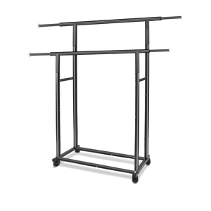 Black Simple Standard 2 Double Rod Clothing Metal Garment Rack for Hanging Clothes, Rolling Clothes Organizer with Mobile Lockable Wheels