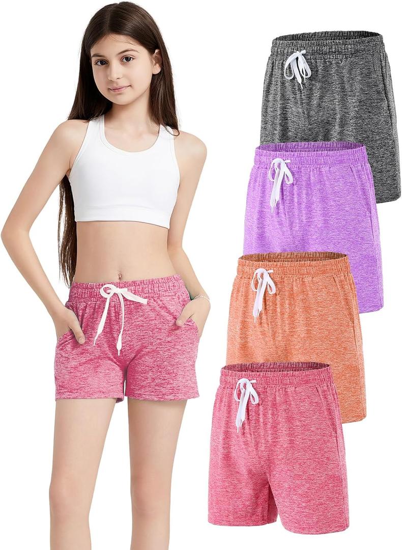 4 Pack Girls Athletic Shorts Dry-Fit Basketball Shorts with Pockets,Girls Running Shorts for Kids Gym Soccer (L)