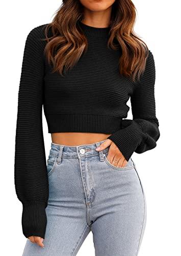 GeGekoko Womens Mock Neck Knit Cropped Sweaters Puff Sleeve Trendy Fall Ribbed Pullover Black, Large