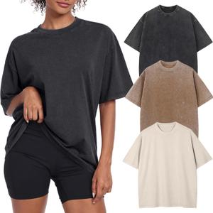 Womens Vintage Oversized T Shirts Acid Washed Baggy Cotton Tee Casual Workout Boyfriend Short Sleeve Tops (Large, Beige/Coffee/Black)