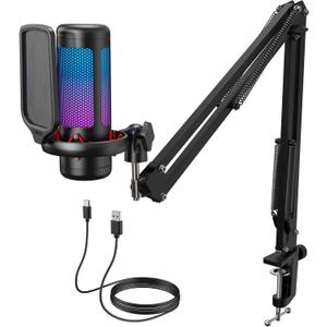 TONOR Gaming Microphone Set with Boom Arm, Vocal Condenser Microphone for PC with Stand, USB Mic with controllable RGB Light, One Tap Mute, Volume Control, for Discord, Twitch Streaming, TC310+