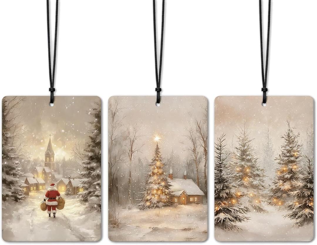 DEQSX Christmas Car Air Freshener 3 Pcs, Vintage Winter Xmas Books Santa Cabin Pine Tree Forest Hanging Air Freshener for Cars Closet Drawer Books, Christmas Car Accessories for Women Men