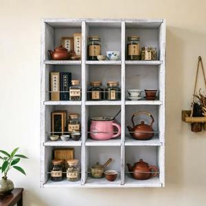 Coffee Mug Display Rack Wooden Display Shelves Cup Holder Teacup Display case Wood Hanging Shadow Box Shot Glasses Display Case with 12 Compartment (Old White)