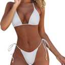 MOSHENGQI Women Sexy Brazilian Bikini 2 Piece Spaghetti Strap Top Thong Swimsuit Bathing Suit (Small, White)