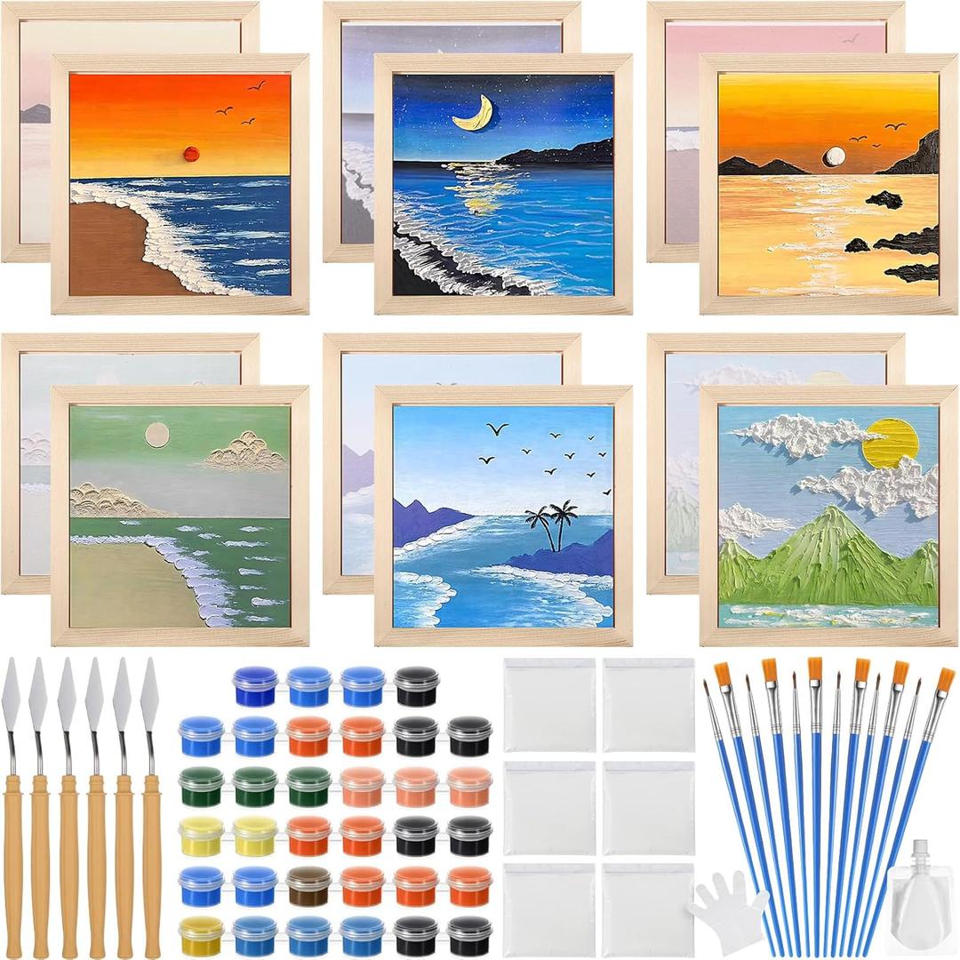 Feifeiya 6 Sets New 3D Sand Pre Drawn Canvas Paint Party Sets Adults with Frame Sand DIY Painting Kits Craft Texture Painting Art for Sip and Paint Party Adult Beginners Gifts