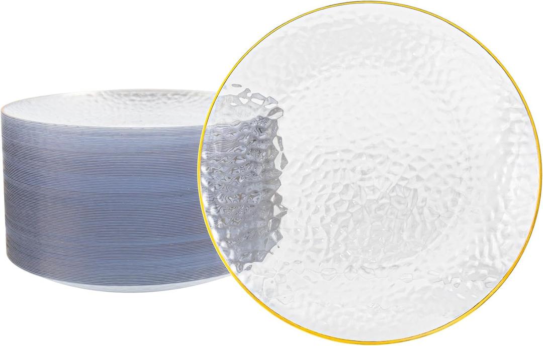 100Pcs Clear Gold Plastic Dinner Plates 10 Inch, Hammered Disposable Heavy Duty Dinner Plates with Gold Rim, Round Clear Plates for Wedding Party