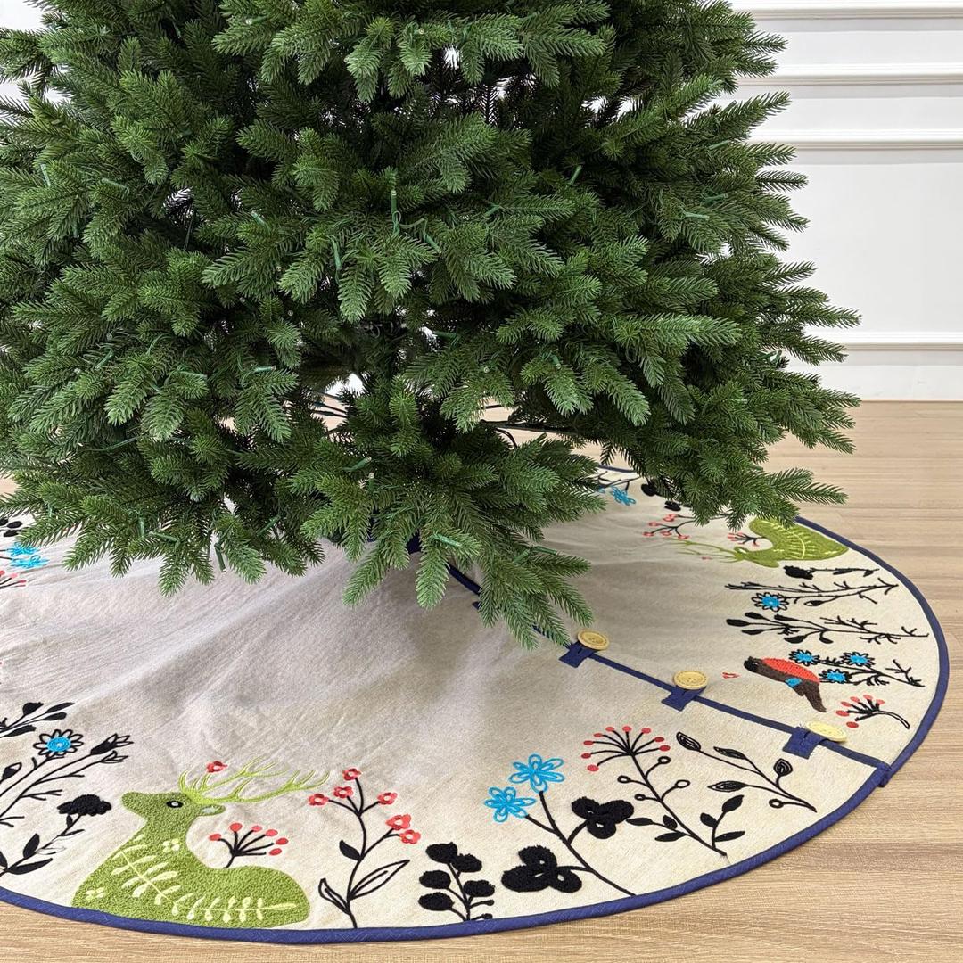 Starry Dynamo 60-Inch Linen Christmas Tree Skirt, Woodland Creatures Embroidery, Thick Foam Padding, Beige with Navy Blue Trim, Oak Button Closures