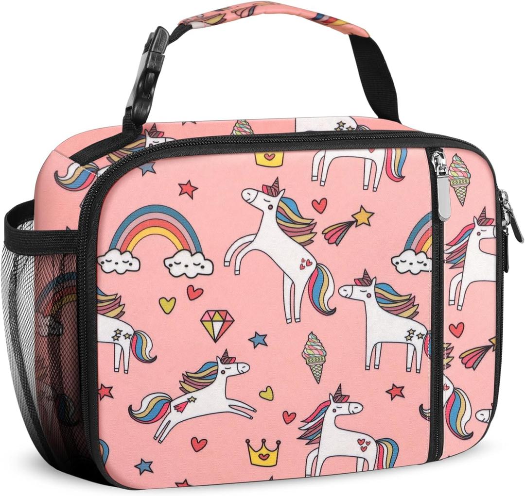 2 x esouler Lunch Box Kids Insulated Lunch Bag for Boys & Girls Durable Children Lunchbox for School with Water Bottle Holder-Pink Unicorn