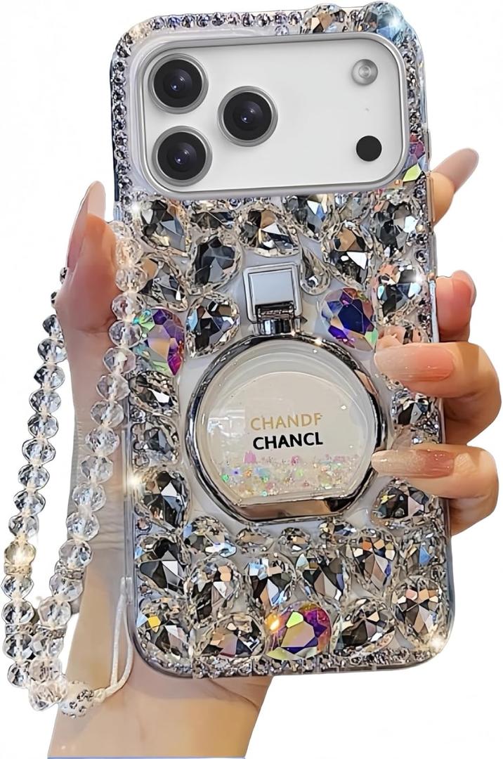 for iPhone 17 Pro Max Case for Women Girls,Luxury Plating Bling Glitter Diamond Design,iPhone 17 Pro Max Phone Case Girly Handmade Sparkle Rhinestone Soft TPU with Ring Stand and Bead Strap White
