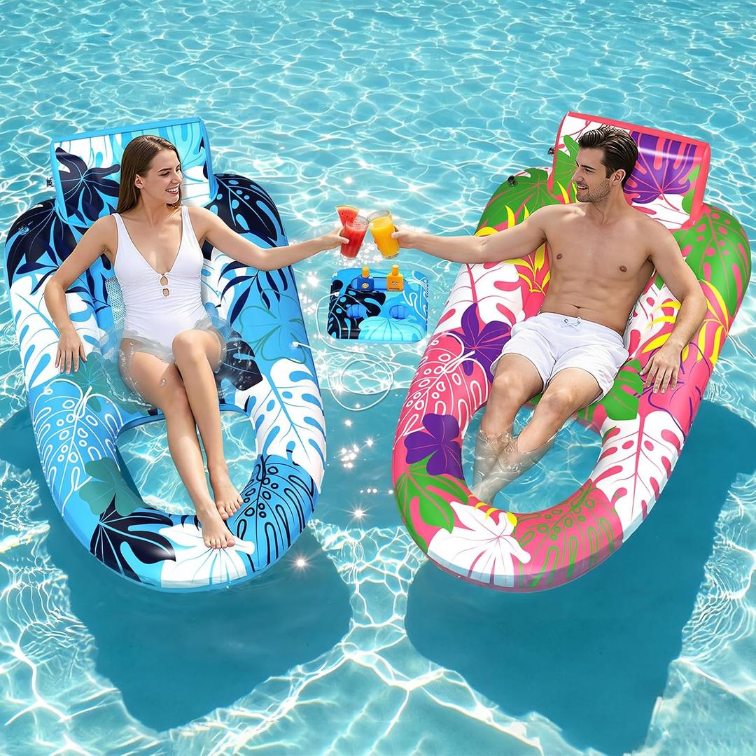 2 Pack Pool Floats Adult Heavy Duty, Inflatable Pool Lounger Float with Detachable Cup Holders & Backrest, Extra Large Pool Rafts Water Floaties for Adults Swimming Pools Beach Lake Party