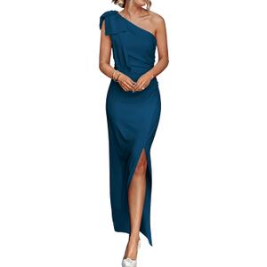 PRETTYGARDEN Women's Summer One Shoulder Long Formal Dresses Sleeveless Ruched Bodycon Wedding Guest Slit Maxi Dress, Size Medium