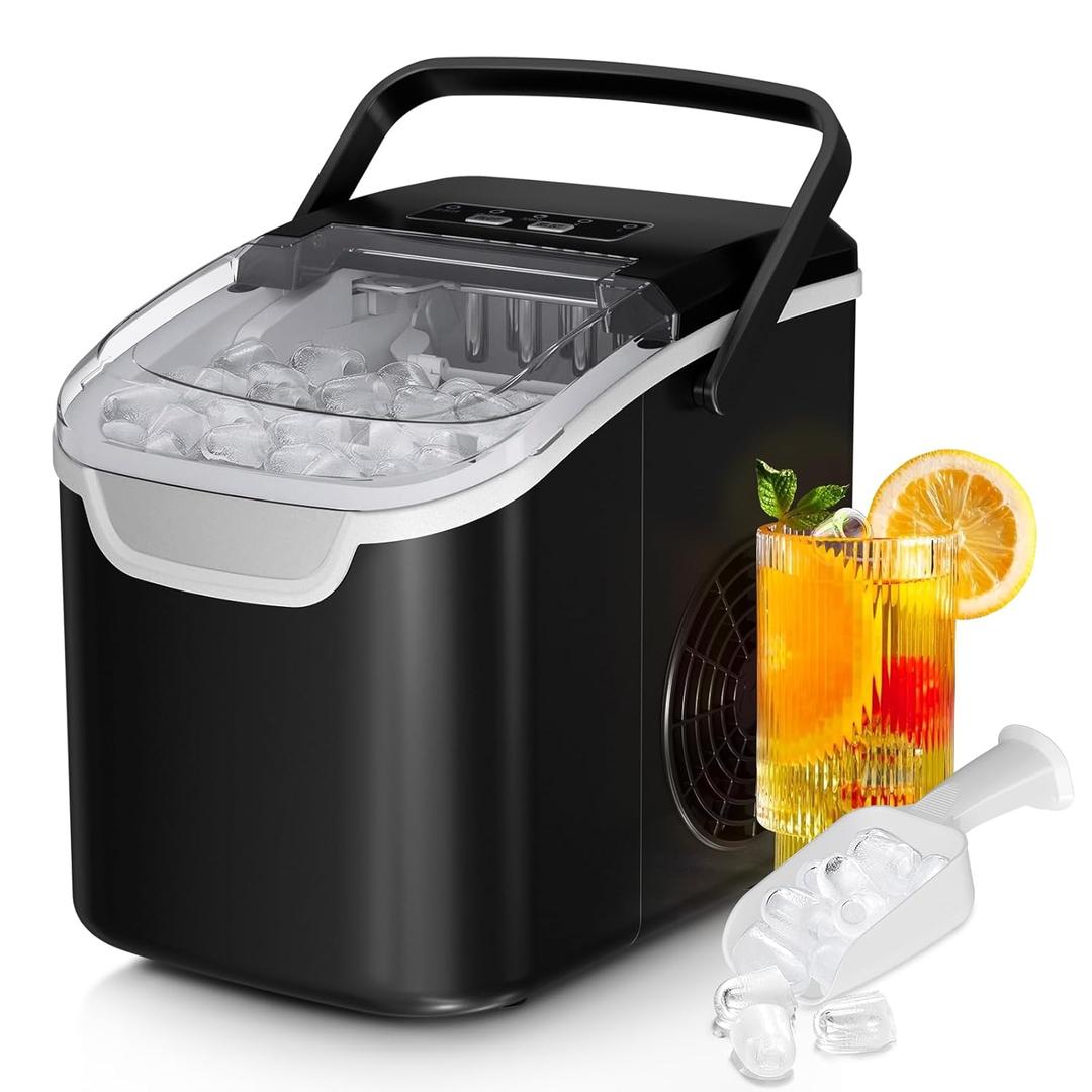 Countertop Ice Maker Machine, 8 Ice Cubes in 6 mins, 26lb/ Day Ice with 2 Sizes- Portable Mini, Energy Saving & Basket/ Scoop for Home/ Party/ Travel/ Camping/ Bar, Black