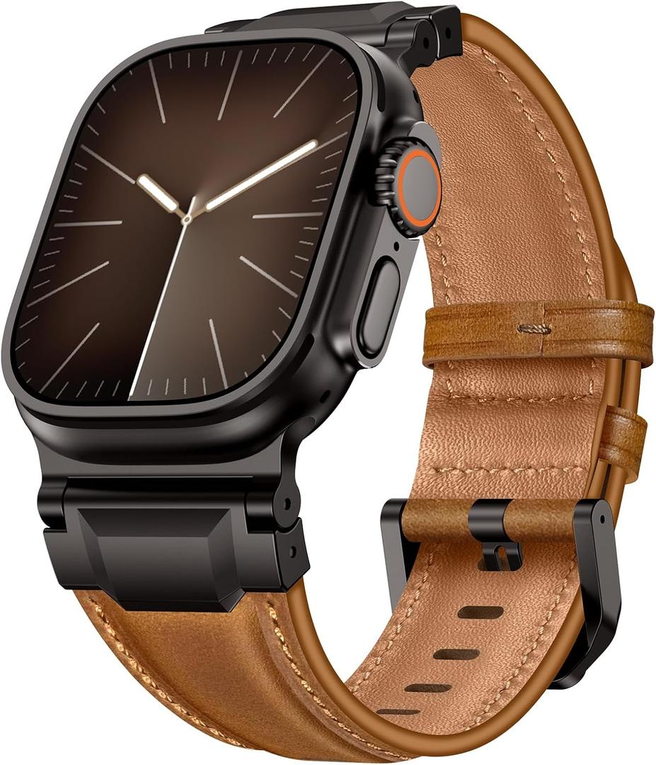 Leather Bands Compatible with Apple Watch Ultra 3/2/1 Band 49mm 46mm 45mm 44mm 42mm Men, Leather Metal Connector Strap for iWatch Ultra Series 11/10/9/8/7/SE/6/5/4/3/2/1, Retro Brown/Black