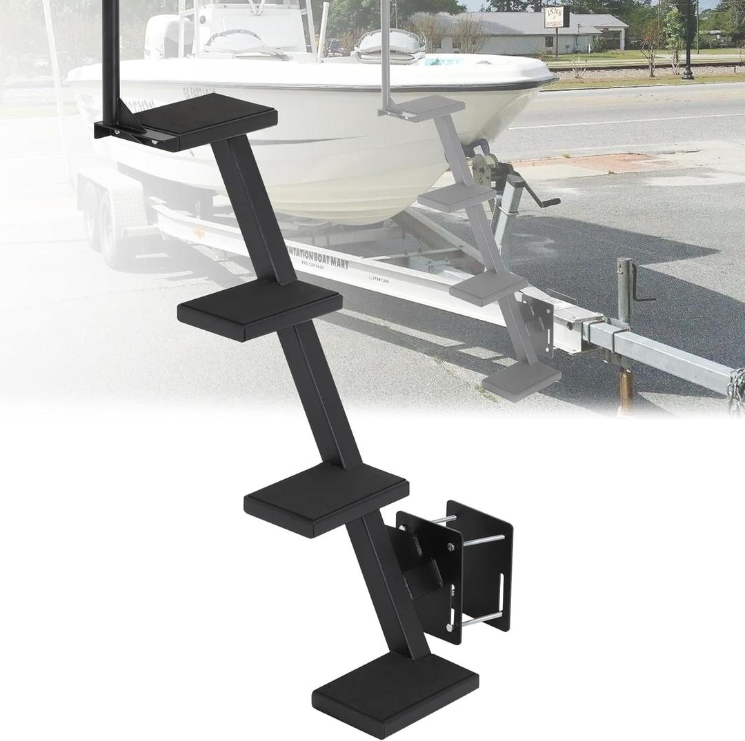 Boat Trailer Steps 4 Step with Anti-Slip Mat & Safety Handrail, Universal Fit Boat Trailer Tongue Steps, Heavy Duty Boat Steps, Easy Installation