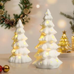 Tfro & Cile White Ceramic Christmas Tree Decor Xmas Indoor Statue 2 PCS Tabletop Home Decoration LED Light Figurines for Party