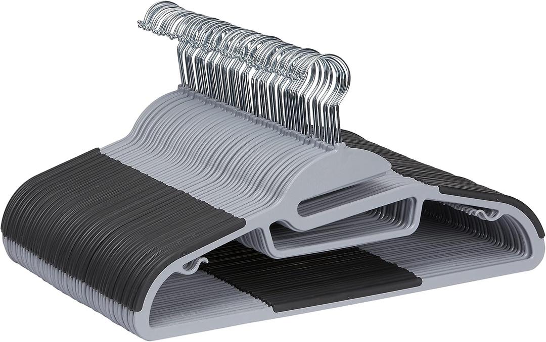Amazon Basics Space Saving Non-Slip Rubber Coated Plastic Hangers with 360 Swivel Hook, Thin, Gray, Pack of 50
