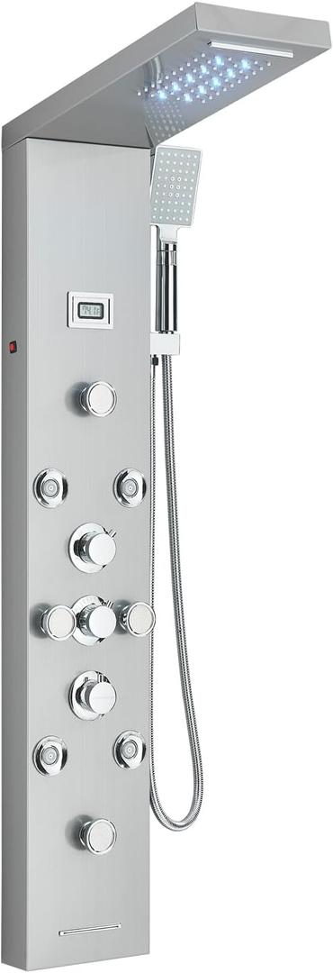 Shower Panel Shower Tower LED Rainfall Waterfall Showerhead Full Body ShowerSystem with 4 Adjust-angle Body Jets Stainless Steel Shower Panels, Brushed Nickel