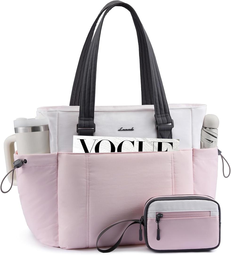 LOVEVOOK Tote Bag for Women, Puffy Work Tote with Large Cup Holder, Quilted Laptop Bag Travel Tote Shoulder Bag Handbag (15.6 inch, Pink-white-gray)