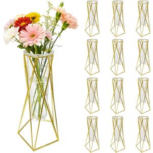 12 PCS Golden Geometric Vase for Centerpieces, Glass Tube with Metal Stand, Modern Wedding Table Decoration, Hydroponic Flower Holder Plant Pot for Home Office Party Decor