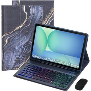 Keyboard Case for Samsung Galaxy Tab S10 FE/S10 Lite/S9 FE 10.9 2025/Galaxy Tab S9 11 Inch 2023, Mouse and Detachable Bluetooth Backlit Keyboard, Folio Cover with Pen Holder (Black Marble)