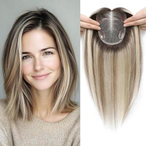 Human Hair Topper Real Remy Hair Balayage Style Straight Hairpiece Crown (12 Inch, T22/9 Platinum blonde with level 8/9 lowlights and root)