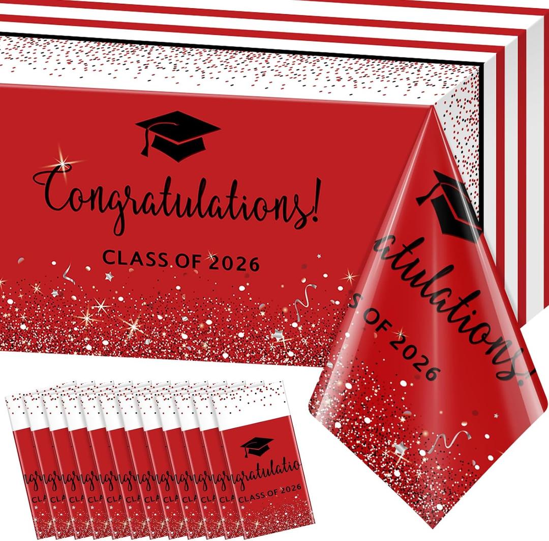 12 Pack Class of 2026 Graduation Tablecloths,Foil Dot Plastic Disposable Rectangle Table Covers for 2026 High School University College Graduation Party Decorations,108*54 Inch (Red and Black)