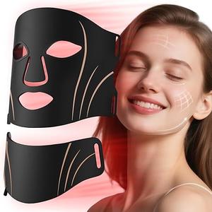 Yahi Red Light Photon Facial & Neck Mask with Remote Control, 7 Custom Modes with Infrared, Portable & Rechargeable with Timer for Home Use, 175 High-Density Light Beads, Black