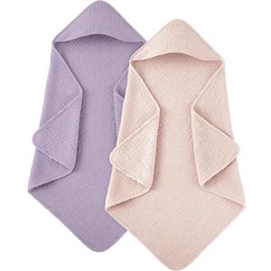 Susurration Hooded Baby Towels for Newborn 2 Pack 100% Muslin Cotton Towel for Babies Highly Absorbent and Newborn Essential 30x30 Inch Pink & Purple