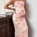 Milumia Women's Maternity Floral Mesh Strapless Tube Dress Sexy Split Thigh Bodycon Maxi Dress (L)