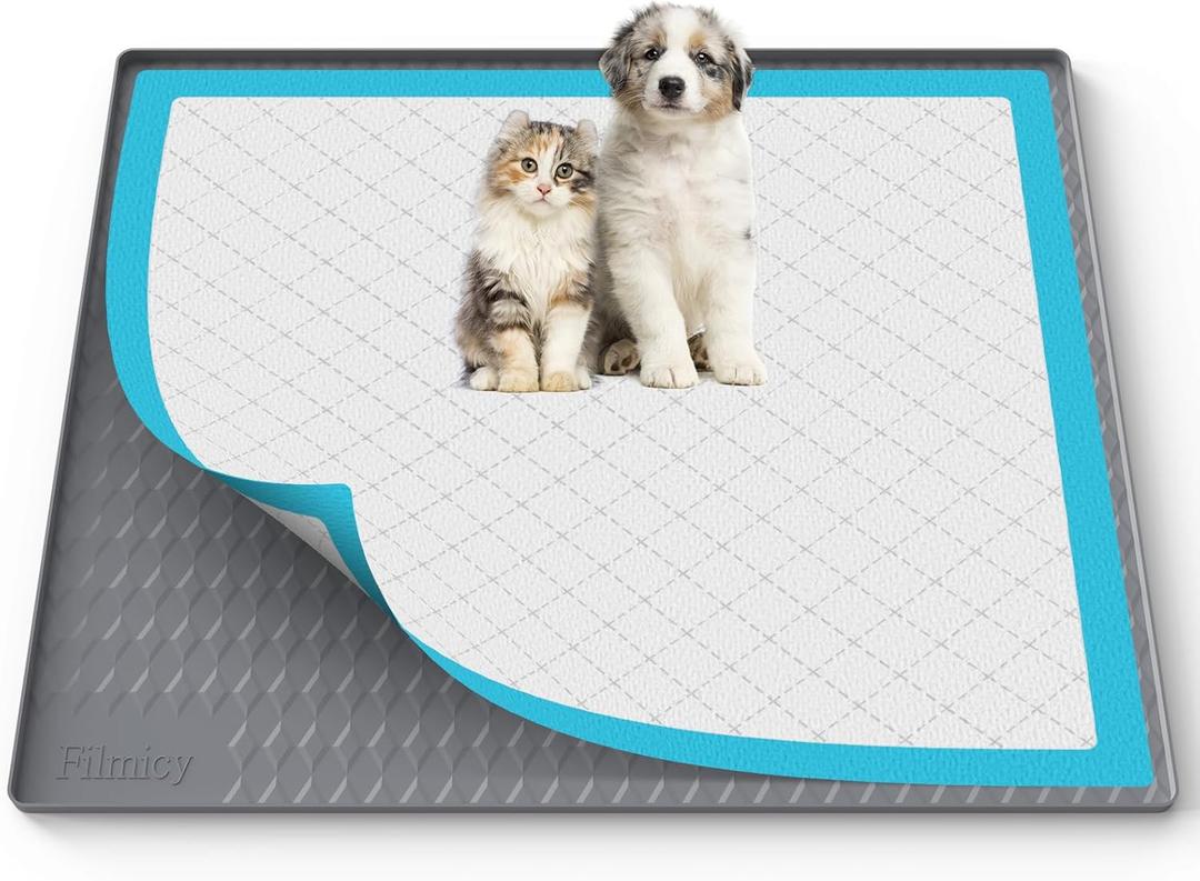 Pee Pad Holder for Dogs, Silicone Dog Puppy Pad Holder, 34 x 28 No Spill Raised Lip High Edge, Portable, Leak-Proof Mat Holder for Dog Training Pads, Square Potty Trays for Home Floor Protection (Dark Grey)