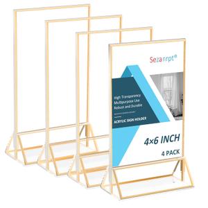 Acrylic Table Numbers Wedding 4x6 Vertical 4 Pack, Acrylic Table Card Holder Gold, Clear Menu Holder for Table Top, Restaurant Retail, Paper Holder, Photo Frame (4x6 - Vertical)