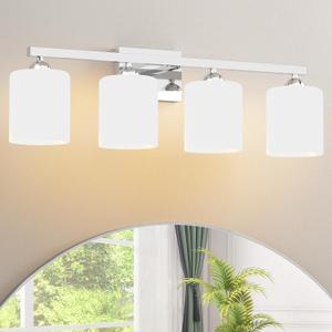 Quntis Chrome Bathroom Light Fixtures Over Mirror 5 Colors Adjustable, 4-Light LED Bathroom Vanity Lighting with Milky White Frosted Glass Shade, Energy-Saving LED Vanity Light 28.3 inch
