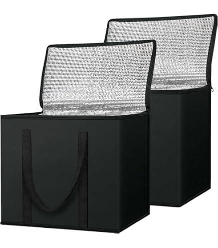 HATHOR Hot Cold Insulated Grocery Bags Reusable Stackable Collapsible Foldable Cooler Boxie Bag Shoping Totes for Groceries in Car, Frozen Food & Travel (Black)