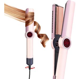 Flat Iron Hair Straightener and Curler 2 in 1-Curling Iron for Lasting Curls,360Anti-Scald Ionic Curling Wand,Rapid 30-Second Heat-Up,Auto Shutdown & LED Display for All Hair Types (Pink)