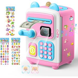 Upgraded Piggy Bank, Face ID Password Unlocking Electronic Kids Bank ATM Security Unlocking Cash Coin Bank Toys Gifts for Kids, Coin Bank for 3 4 5 6 7 8 9 10 11 12 Year Old Girls Boys (Pink)