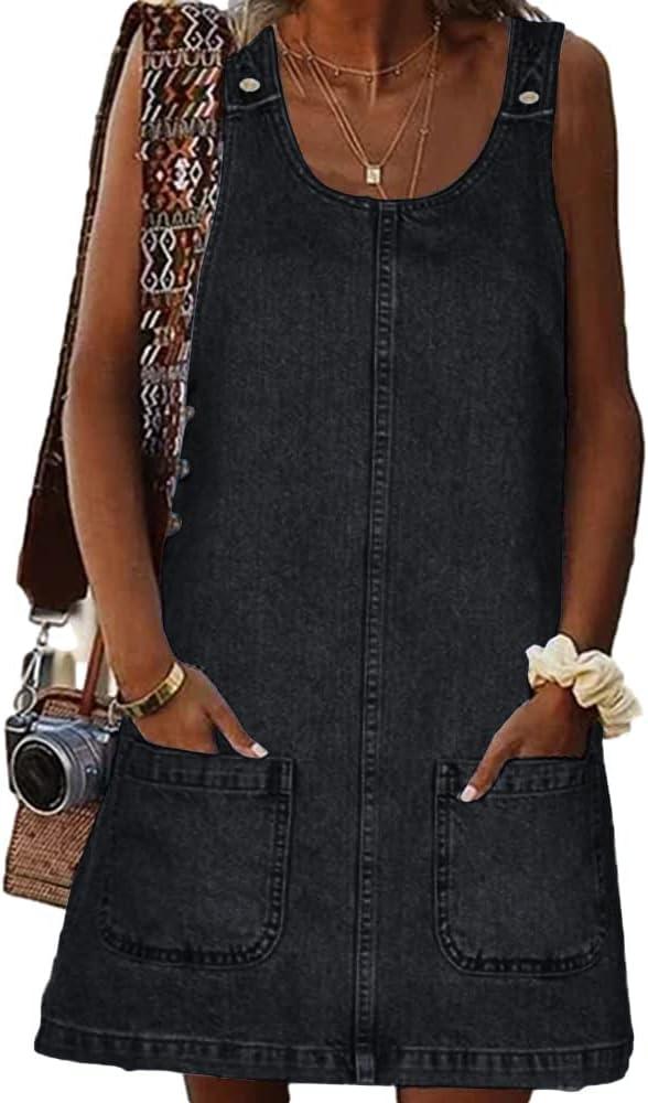 BZB Women's Sleeveless Casual Denim Dress Crewneck Vintage Loose Jean Overall Dress with Pockets (Medium, Black)
